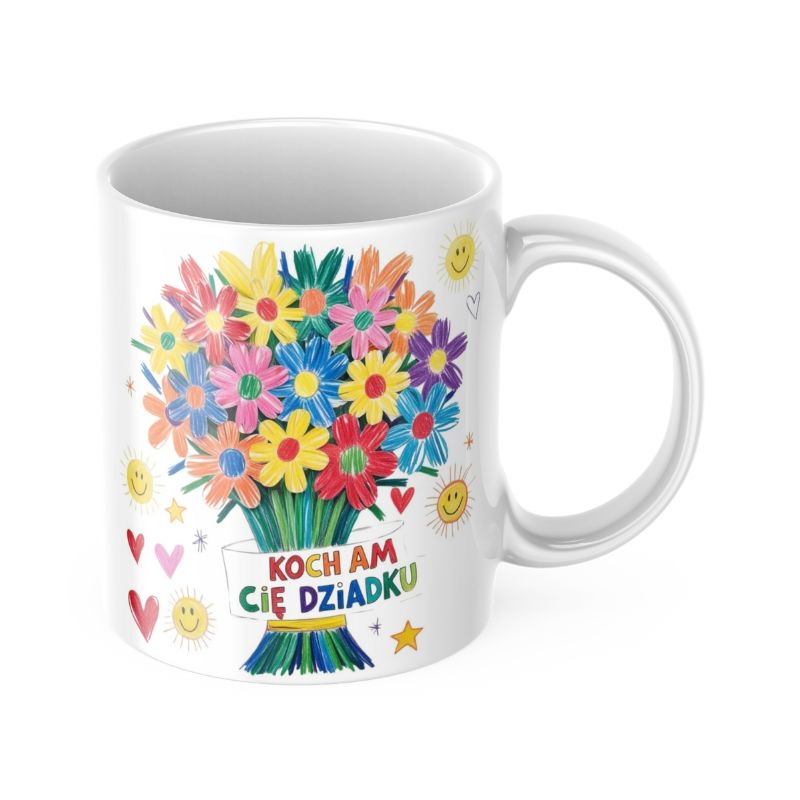 Kubek Laurka Kwiaty Kocham Cię Dziadku z rysunkowym bukietem kolorowych kwiatów, otoczony motywami serc, gwiazdek i słońc. Idealny prezent na Dzień Dziadka.