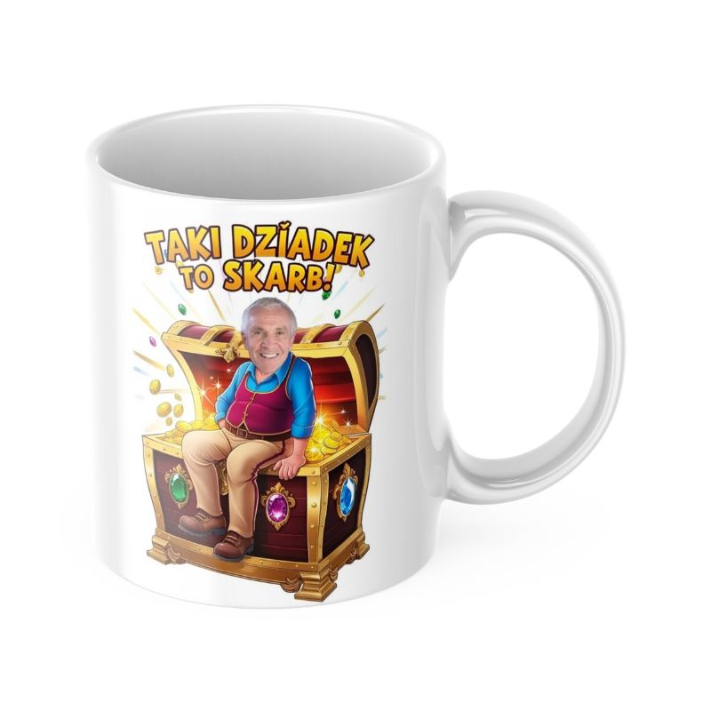 Kubek Taki Dziadek to Skarb z kolorową grafiką skrzyni pełnej skarbów i możliwością personalizacji zdjęciem Dziadka. Idealny prezent na Dzień Dziadka.
