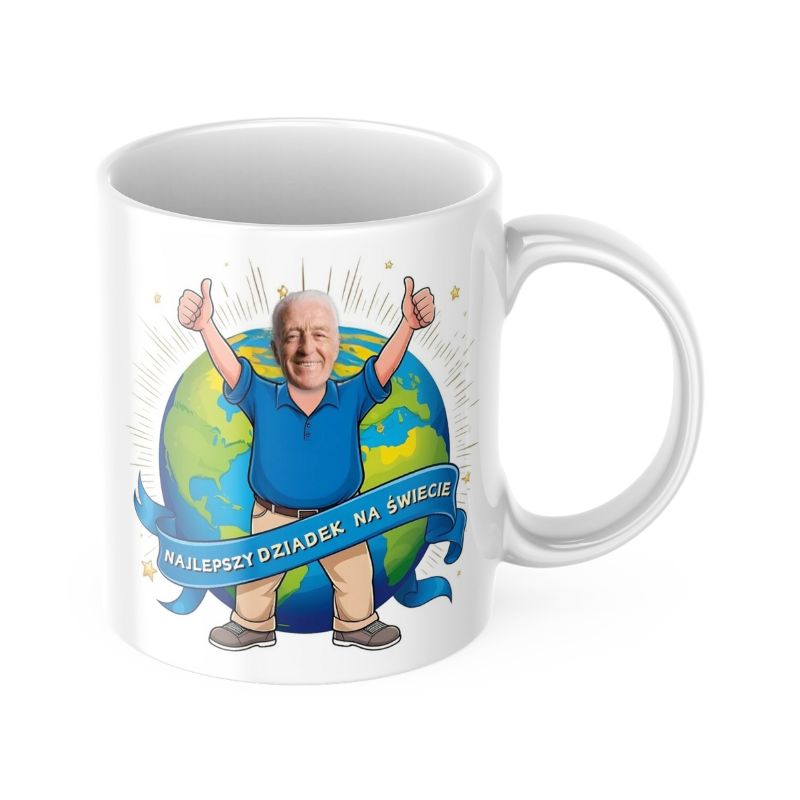 Kubek Najlepszy Dziadek na Świecie z grafiką Dziadka przed globem i możliwością personalizacji zdjęciem. Idealny prezent na Dzień Dziadka.