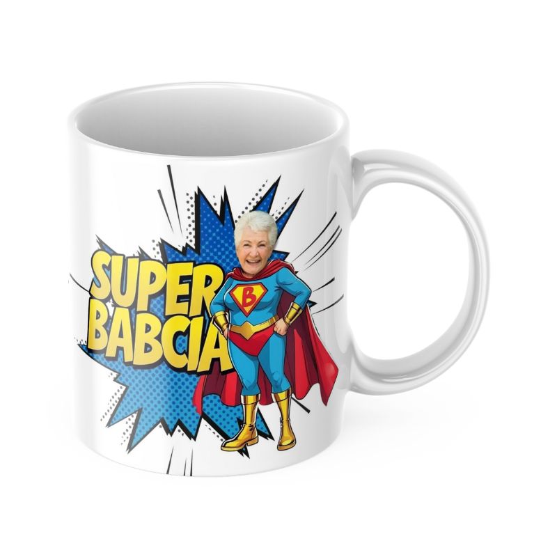 Kubek Super Babcia z komiksową grafiką superbohaterki i możliwością personalizacji zdjęciem Babci. Idealny prezent na Dzień Babci.