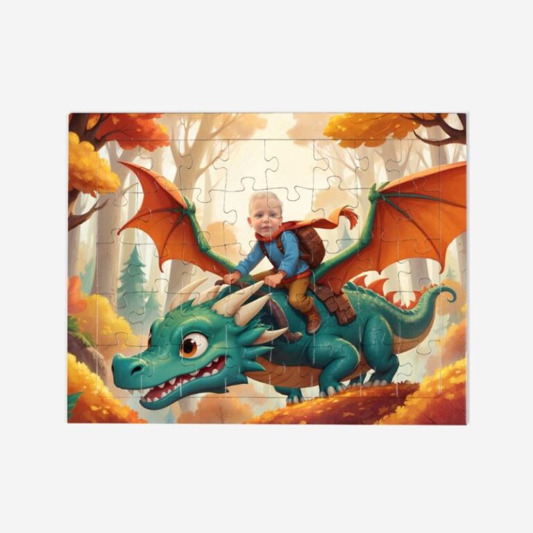 PUZZLE SMOK JESIENNEGO LASU Personalizowane puzzle z dzieckiem i smokiem w jesiennym lesie.