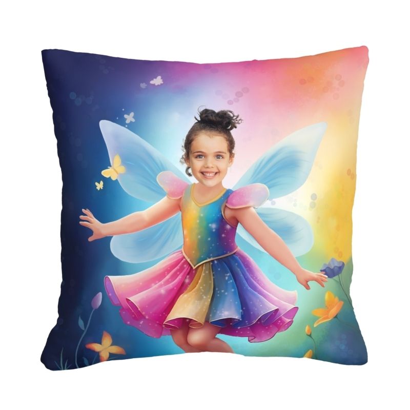 Personalizowana poduszka Tęczowa Wróżka z grafiką bajkową i zdjęciem dziecka na tle tęczy i magicznych motyli. Idealny prezent dla małej księżniczki.
