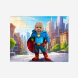 Personalizowane Puzzle superbohater to puzzle z dzieckiem w stroju superbohatera na tle miejskiej panoramy.