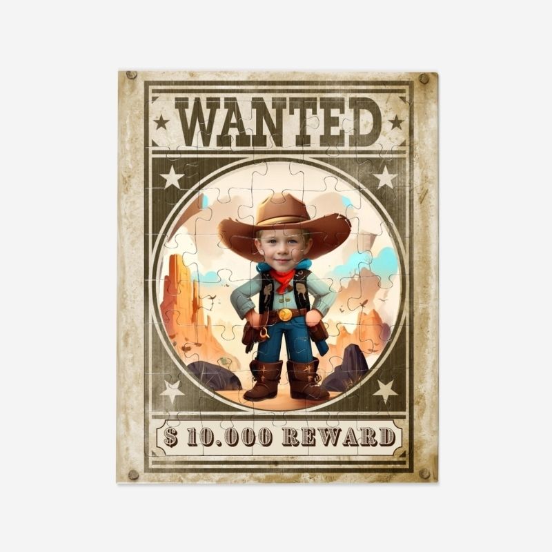 PUZZLE LIST GOŃCZY to Personalizowane puzzle przedstawiające dziecko w stylu westernowym na tle listu gończego z nagrodą 10 000 dolarów.