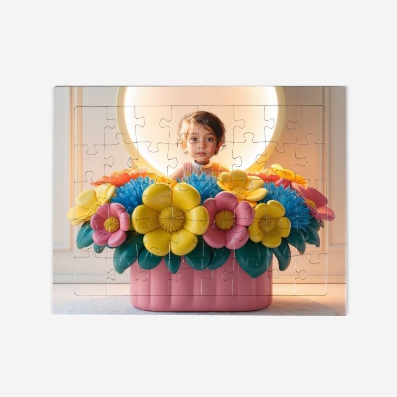 Puzzle personalizowane kwiaciarka – dziecko w roli kwiaciarki w otoczeniu kolorowych kwiatów.