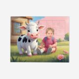 Puzzle personalizowane krówka dla dziewczynek – dziecko siedzące obok uroczej krówki na tle sielskiego krajobrazu.