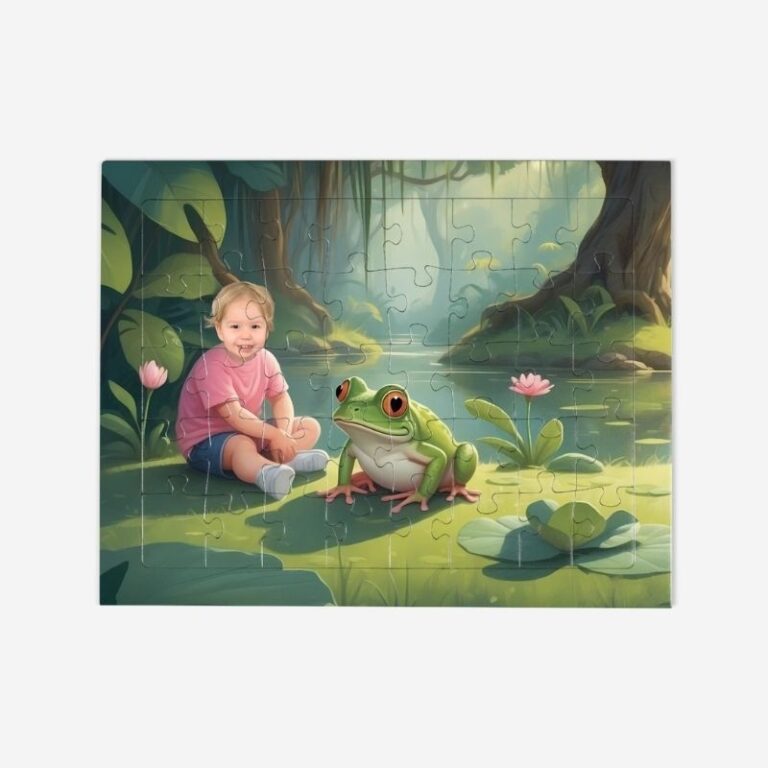 Puzzle personalizowane żabka dla dziewczynek – dziecko w otoczeniu przyrody siedzące obok uroczej żabki na leśnej polanie.