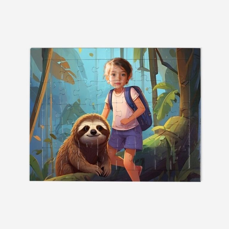 Personalizowane Puzzle Leniwiec – personalizowane puzzle ze zdjęciem dziecka, przedstawiające ciepły uścisk z uroczym leniwcem w tropikalnym otoczeniu.