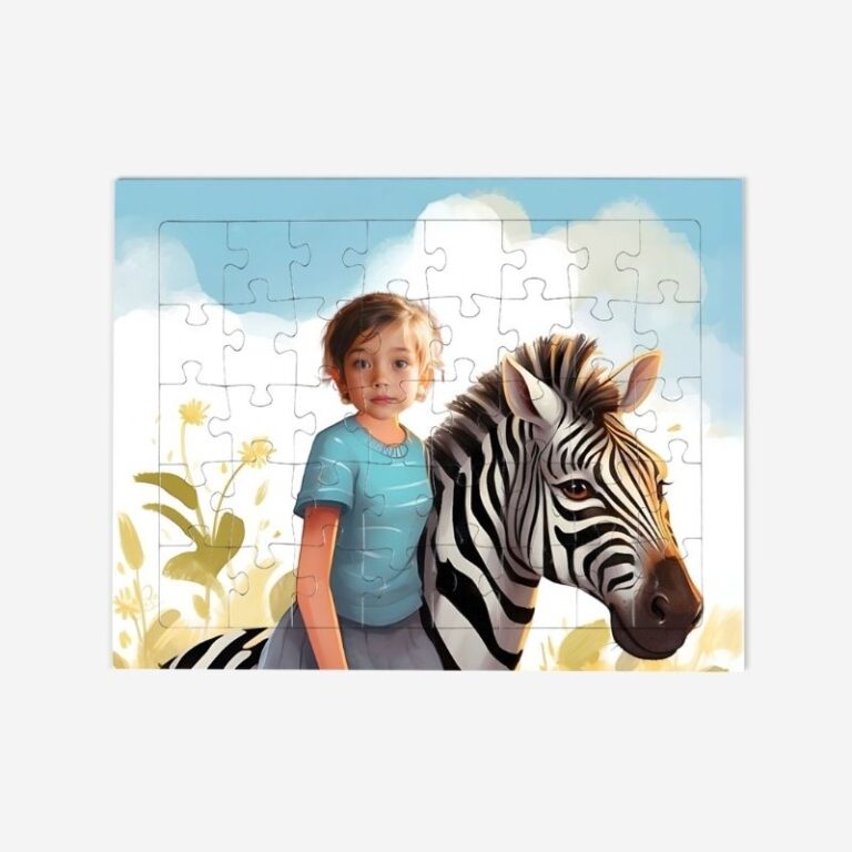 Puzzle zebra – personalizowane puzzle ze zdjęciem dziecka w bajkowym otoczeniu zebry na tle słonecznej sawanny.
