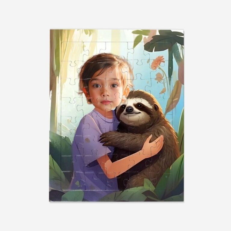 Puzzle Uścisk Leniwca – personalizowane puzzle ze zdjęciem dziecka, przedstawiające ciepły uścisk z uroczym leniwcem w tropikalnym otoczeniu.