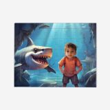 Puzzle Rekin – personalizowane puzzle ze zdjęciem dziecka w bajkowej, podwodnej scenerii z rekinem i kolorową rafą koralową.