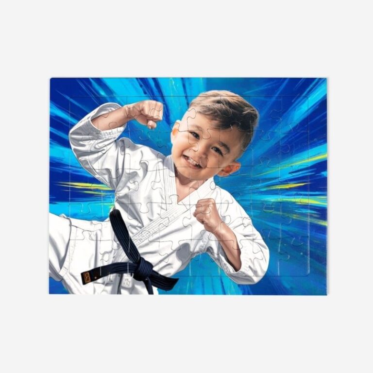 Puzzle karateka – personalizowane puzzle z dzieckiem w stroju karate na tle dynamicznej grafiki. Idealny prezent dla młodych sportowców.