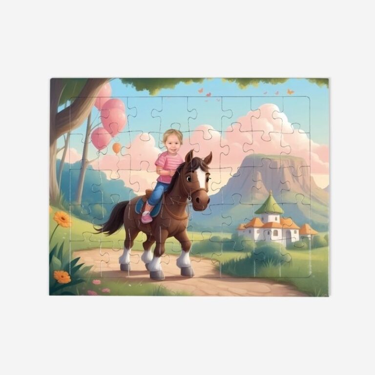 Puzzle konik dla dziewczynek – personalizowany prezent ze zdjęciem dziecka na tle bajkowej scenerii z uroczym koniem.
