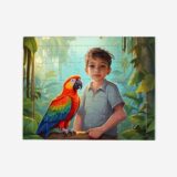 Puzzle papuga – personalizowane puzzle z wizerunkiem dziecka w otoczeniu barwnej papugi w egzotycznym klimacie.
