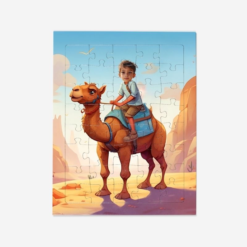 Puzzle wielbłąd – personalizowane puzzle ze zdjęciem dziecka w bajkowej scenerii z wielbłądem, idealny prezent dla dzieci.