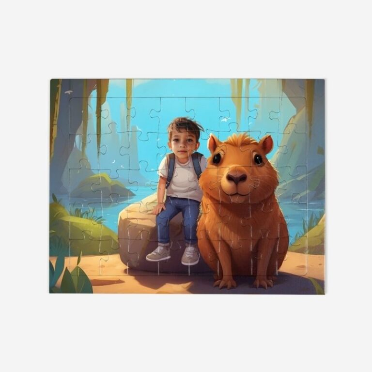 Puzzle kapibara w dżungli – personalizowane puzzle ze zdjęciem dziecka w scenerii z kapibarą. Idealny prezent dla dzieci.