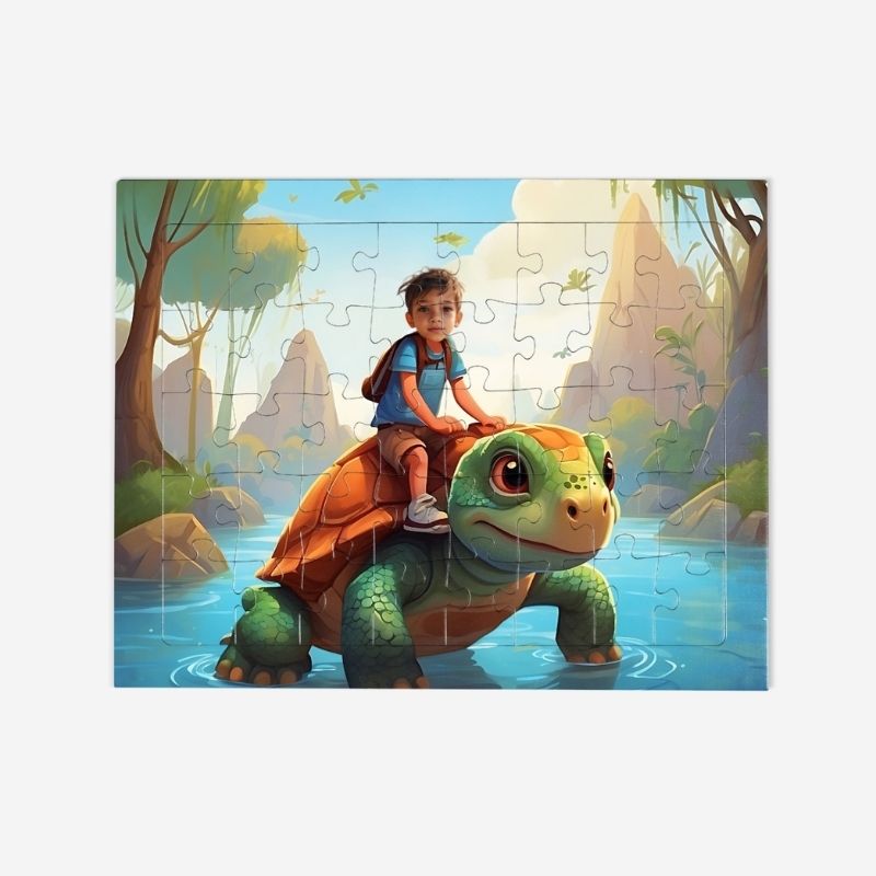 Puzzle żółw – personalizowane puzzle ze zdjęciem dziecka, przedstawiające bajkowy świat z uroczym żółwiem. Idealny prezent personalizowany.