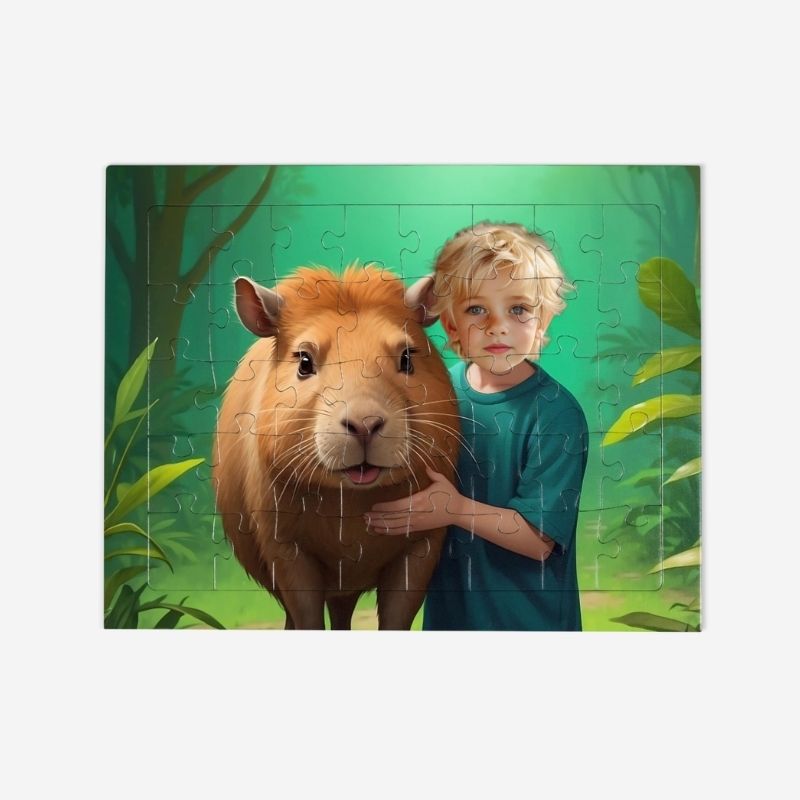 PUZZLE KAPIBARA W LESIE – personalizowane puzzle ze zdjęciem dziecka w scenerii z kapibarą. Idealny prezent dla dzieci.