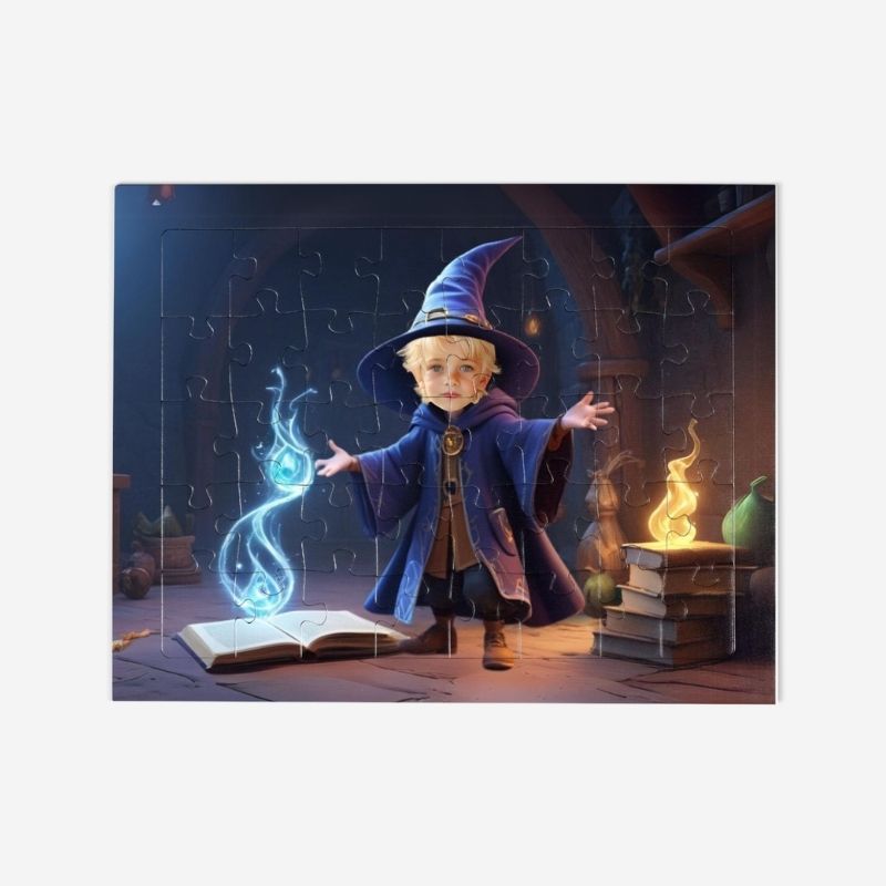 Puzzle magik – personalizowane puzzle z wizerunkiem dziecka jako magika w bajkowej scenerii.