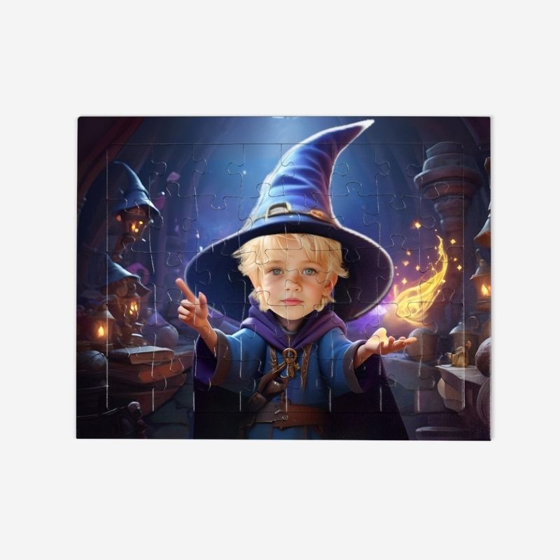 Puzzle magik – personalizowane puzzle z wizerunkiem dziecka jako magika w bajkowej scenerii.