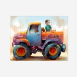 Puzzle dostawczak – personalizowane puzzle z dzieckiem w kabinie kolorowego pojazdu dostawczego. Wyjątkowy prezent dla małych miłośników aut.