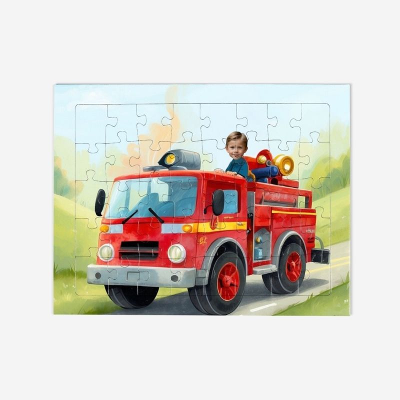 Personalizowane puzzle z wozem strażackim z wkomponowanym zdjęciem dziecka. PUZZLE WÓZ STRAŻACKI
