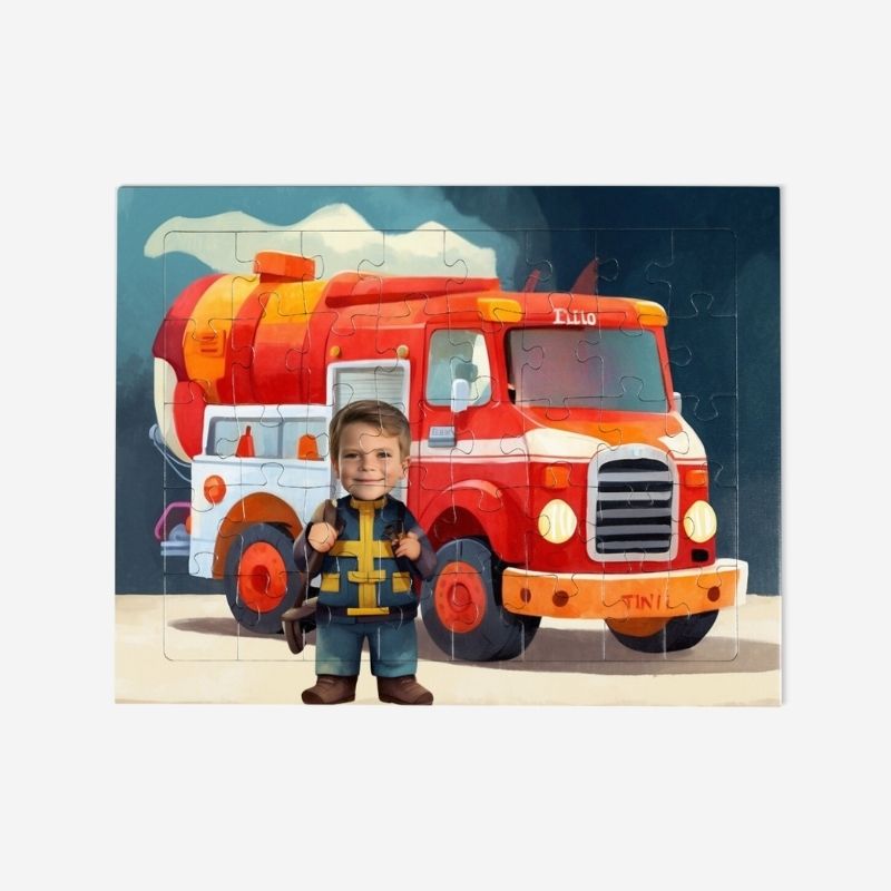 Puzzle strażak – personalizowane puzzle z dzieckiem w stroju strażaka na tle wozu strażackiego. Wyjątkowy prezent dla małych bohaterów.