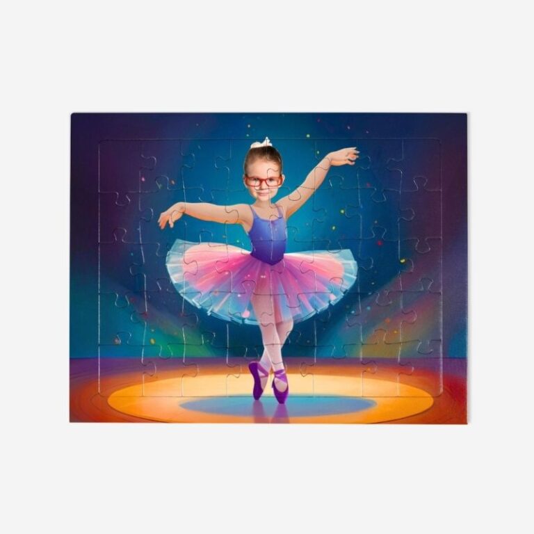 Personalizowane Puzzle Baletnica z grafiką i zdjęciem dziecka na jasnym tle.