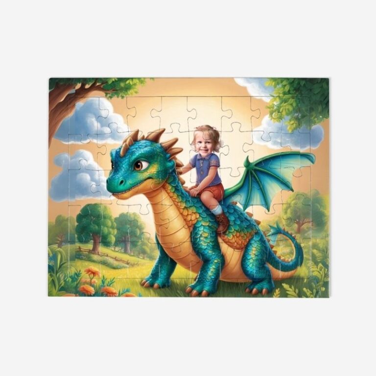 Puzzle dziewczynka na smoku – personalizowana układanka przedstawiająca dziecko siedzące na bajkowym smoku w malowniczej scenerii.