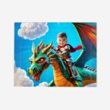 Puzzle rycerz na smoku – personalizowana układanka przedstawiająca dziecko w zbroi rycerskiej na majestatycznym smoku.