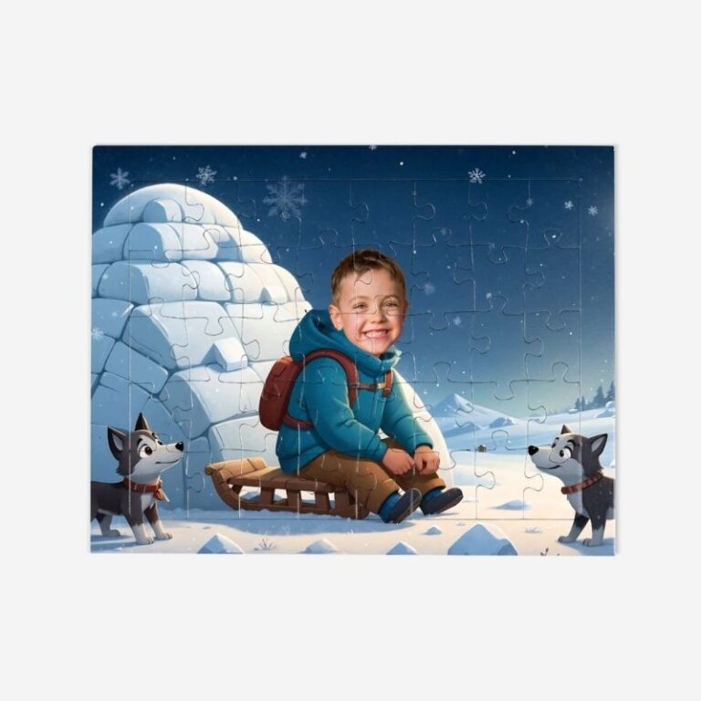 Puzzle z zimowym iglo i husky, personalizowane ze zdjęciem dziecka, idealne na prezent i kreatywną zabawę w zimowej scenerii.