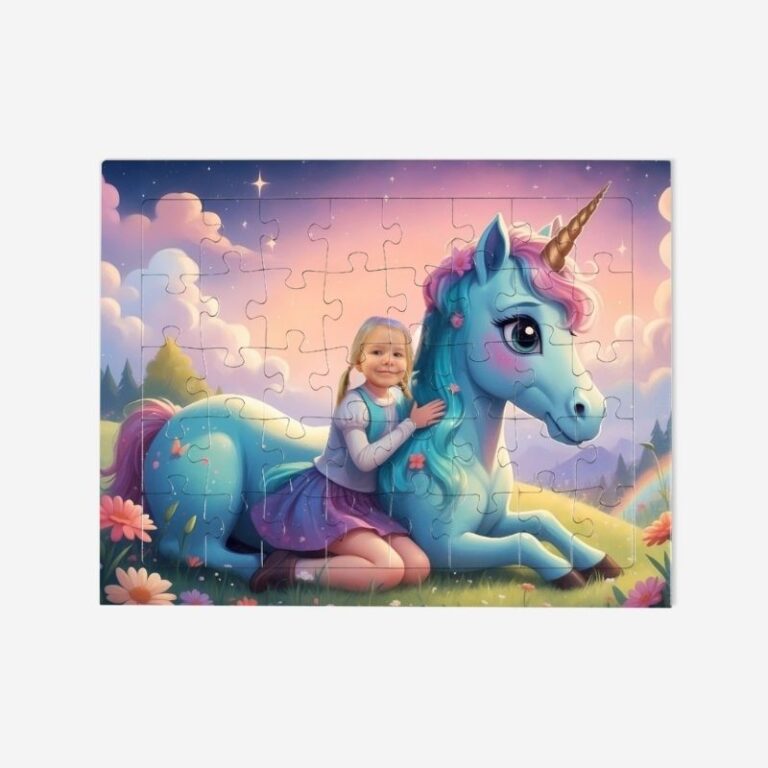 Personalizowane puzzle jednorożec bajkowy z grafiką magicznego jednorożca i zdjęciem dziecka na tle pastelowej łąki.