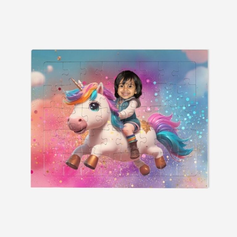 Personalizowane puzzle jednorożec tęczowy z kolorową grafiką bajkowego jednorożca i zdjęciem dziecka na tle tęczowych barw.