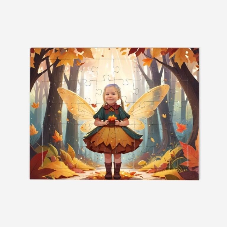 Personalizowane puzzle jesienna wróżka, przedstawiające dziecko w magicznym, jesiennym krajobrazie pełnym kolorowych liści.