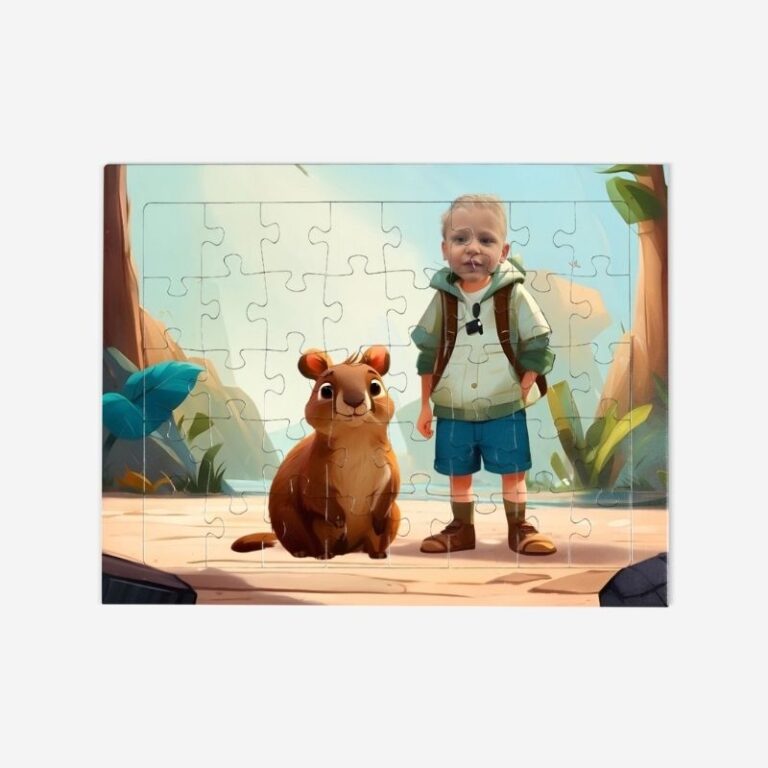Puzzle Kapibara – personalizowane puzzle z dzieckiem i uroczą kapibarą w malowniczej scenerii przyrodniczej.