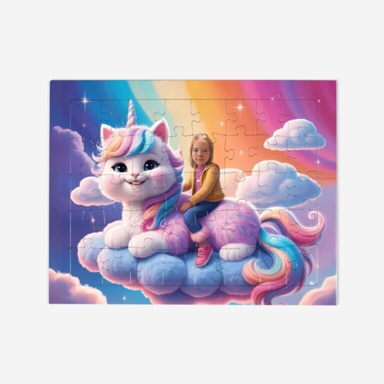 Personalizowane puzzle kociorożec z dzieckiem na bajkowym jednorożco-kotem w magicznej scenerii.