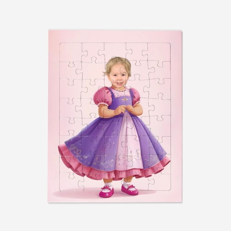 Puzzle mała księżniczka – personalizowana układanka przedstawiająca dziecko w roli księżniczki w pięknej, bajkowej sukni na różowym tle.