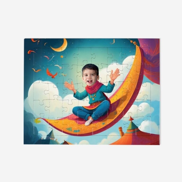 Puzzle Bajkowy Dywan – personalizowane puzzle ze zdjęciem dziecka na tle baśniowej scenerii.