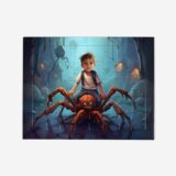 Personalizowane puzzle pająk, przedstawiające dziecko na sympatycznym pająku w mrocznej, tajemniczej scenerii.