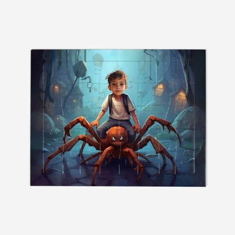 Personalizowane puzzle pająk, przedstawiające dziecko na sympatycznym pająku w mrocznej, tajemniczej scenerii.