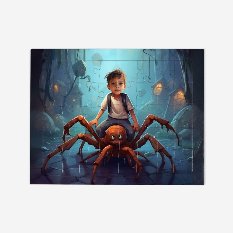 Personalizowane puzzle pająk, przedstawiające dziecko na sympatycznym pająku w mrocznej, tajemniczej scenerii.