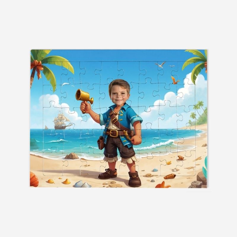 Personalizowane puzzle pirat z dzieckiem w roli kapitana na plaży.