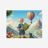Puzzle Wyprawa – personalizowane puzzle ze zdjęciem dziecka w scenerii górskiej przygody z balonem i zwierzętami.