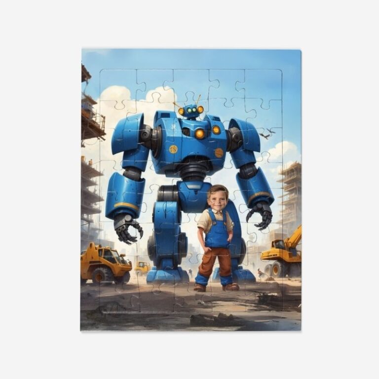 Personalizowane puzzle z dużym robotem i zdjęciem dziecka na tle budowy, idealne dla małych fanów technologii i maszyn.Puzzle duży robot