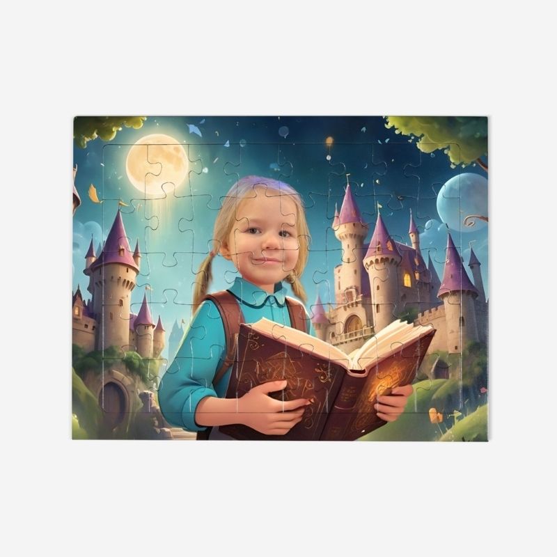 Personalizowane puzzle z dziewczynką trzymającą magiczną księgę na tle zamku, idealne dla małych miłośników bajek. Puzzle zamek i księga