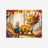 Personalizowane puzzle z jesiennym smokiem i dzieckiem w kolorowym lesie pełnym liści.