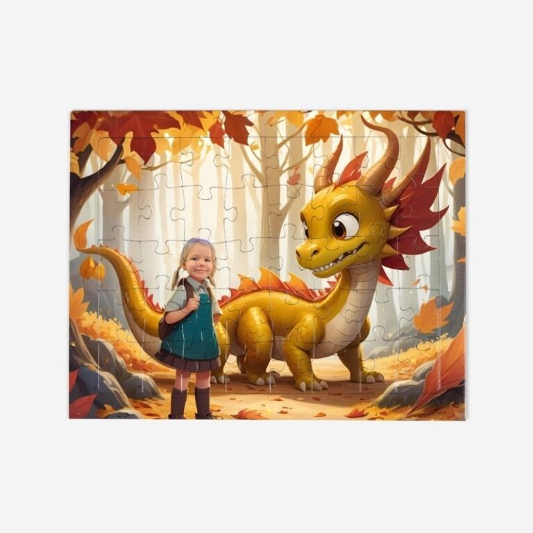 Personalizowane puzzle z jesiennym smokiem i dzieckiem w kolorowym lesie pełnym liści.