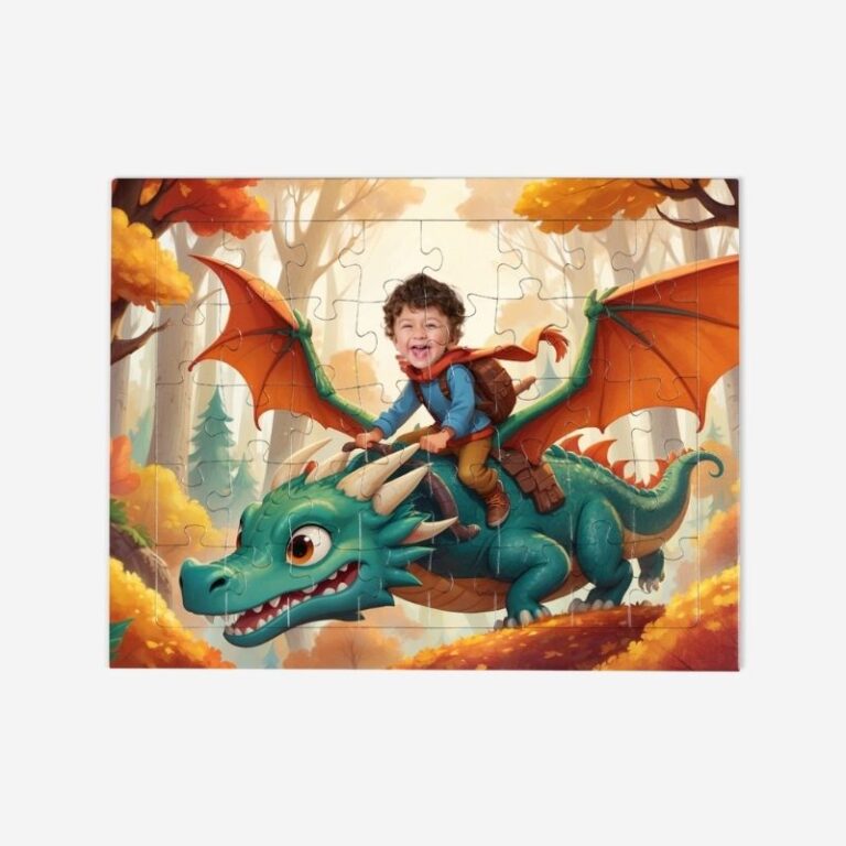 PUZZLE SMOK JESIENNEGO LASU Personalizowane puzzle z dzieckiem i smokiem w jesiennym lesie.