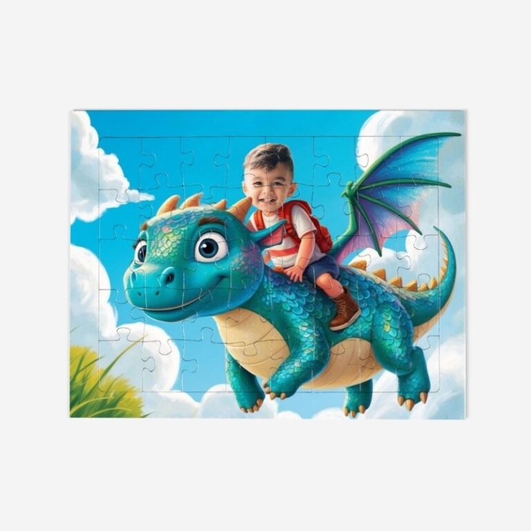Puzzle latający smok. Personalizowane puzzle z dzieckiem na smokU.