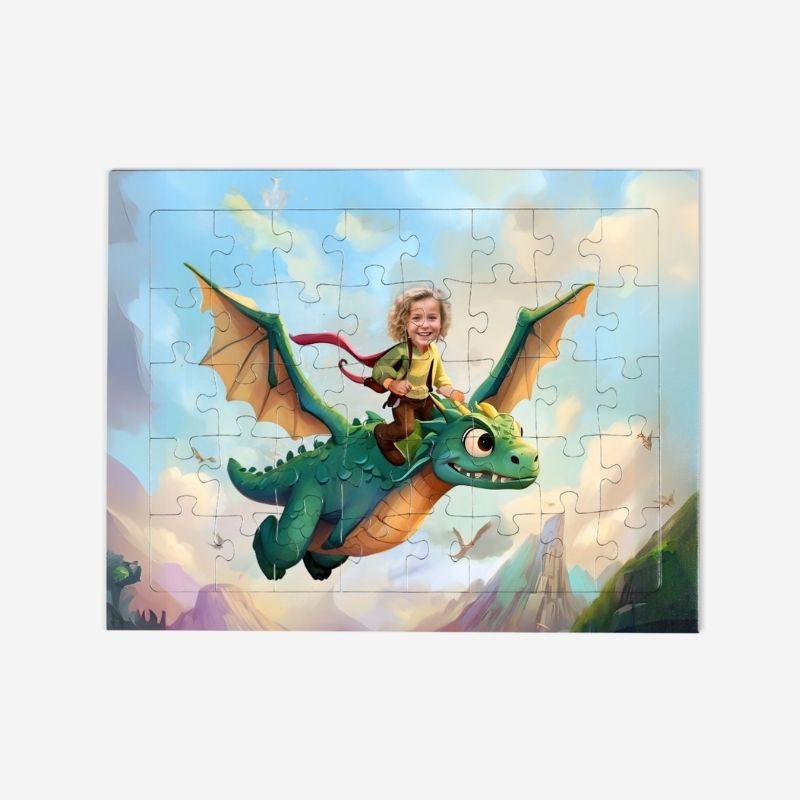 Puzzle z Twoim zdjęciem smok – personalizowane puzzle przedstawiające dziecko na grzbiecie przyjaznego, latającego smoka w bajkowym świecie.
